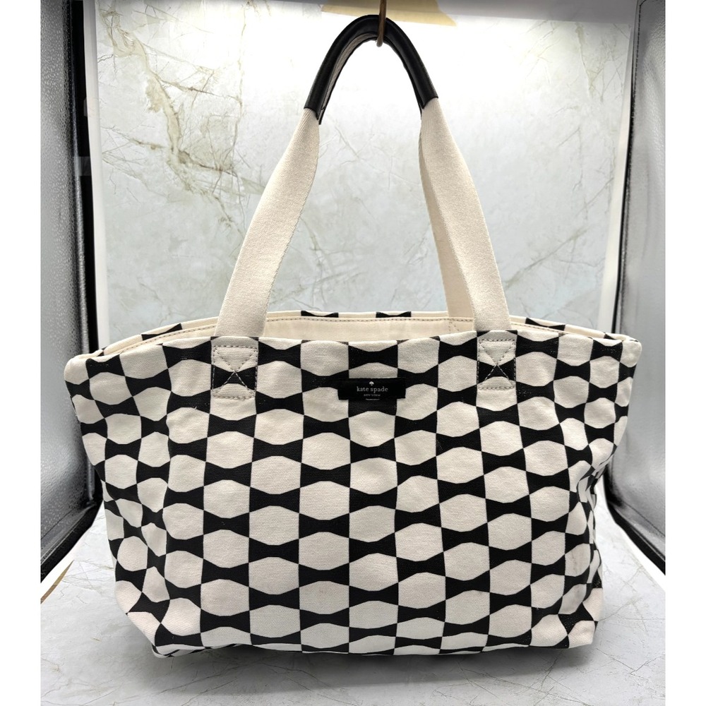 Kate Spade Canvas‎ Cotton Tote Classic Bowtie Black White Leather Handle EUC